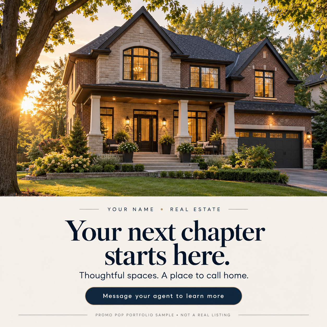 Real estate portfolio concept showing a house at sunset with the headline Your next chapter starts here